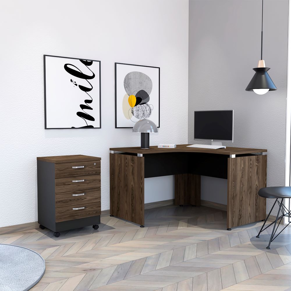 Escritorio en forma de L + Archivador Bajo Cuatro Cajones Color Monarca Negro Soft y Coñac Para Oficina